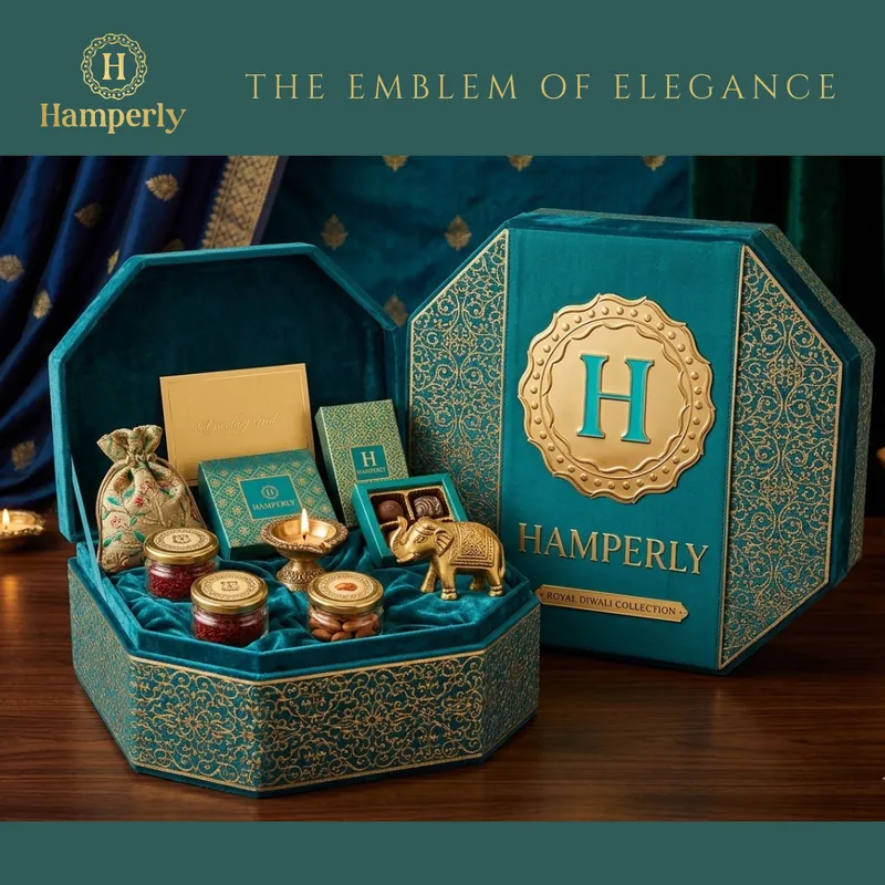 The Emblem of Elegance, a sold-out teal velvet octagonal Diwali hamper