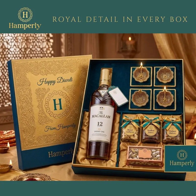 Royal Detail in Every Box, a sold-out gold and teal Diwali hamper with a premium spirit and sweets