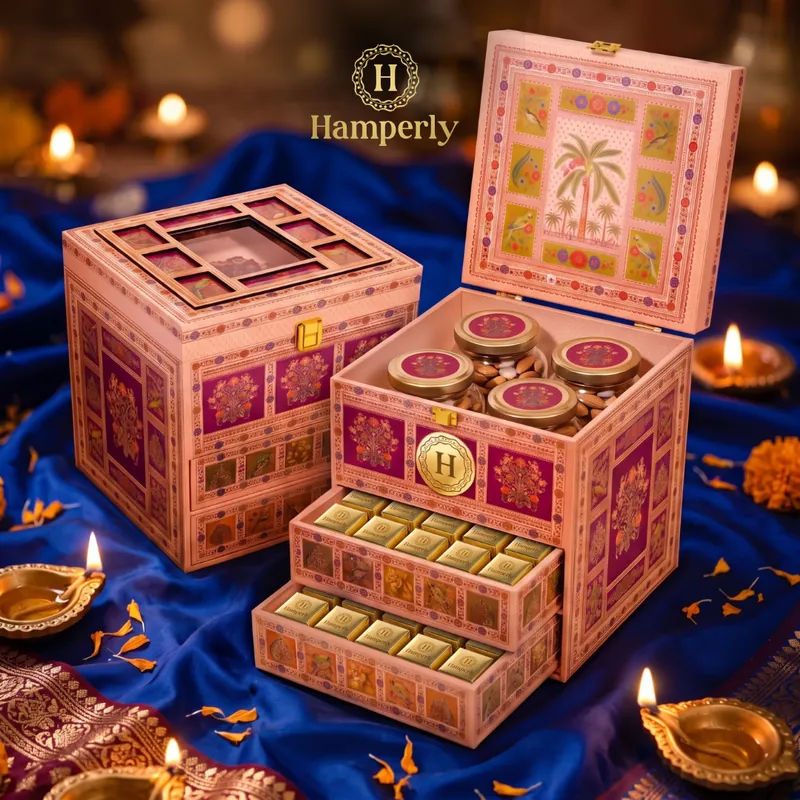 Gulabi Heritage Drawer Chest, a blush pink Diwali gift chest with sweet drawers and festive jars