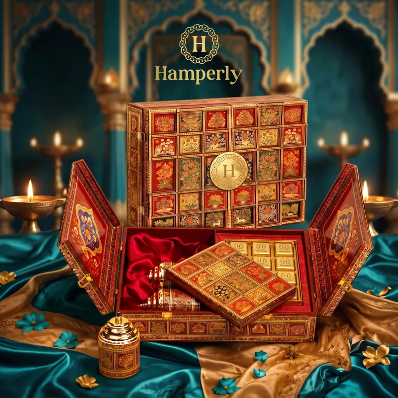Rajwada Ruby Treasure Hamper, opened to show a satin-lined tray of festive sweets