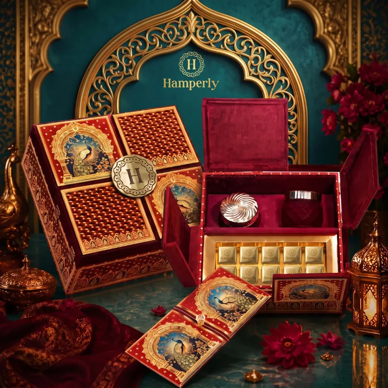 Mor Mahal Velvet Hamper, a maroon velvet-lined Diwali gift box with a peacock crest lid and silver bowls