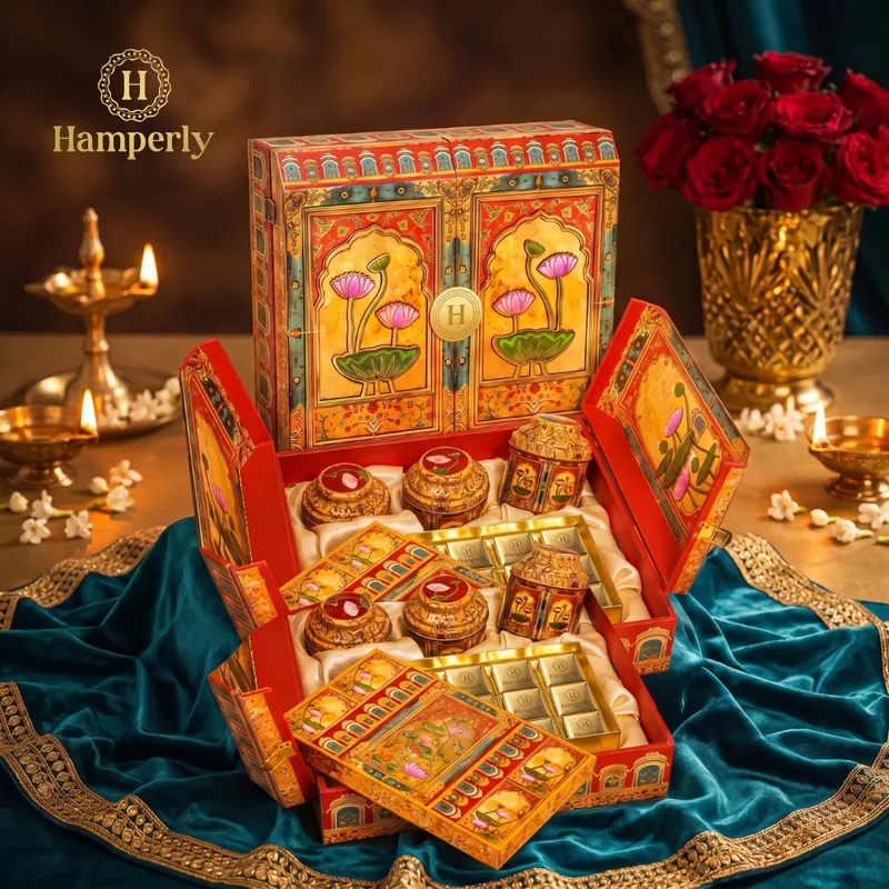 Pichwai Lotus Festive Hamper, a coral and gold Diwali gift box with lotus artwork, jars and sweets