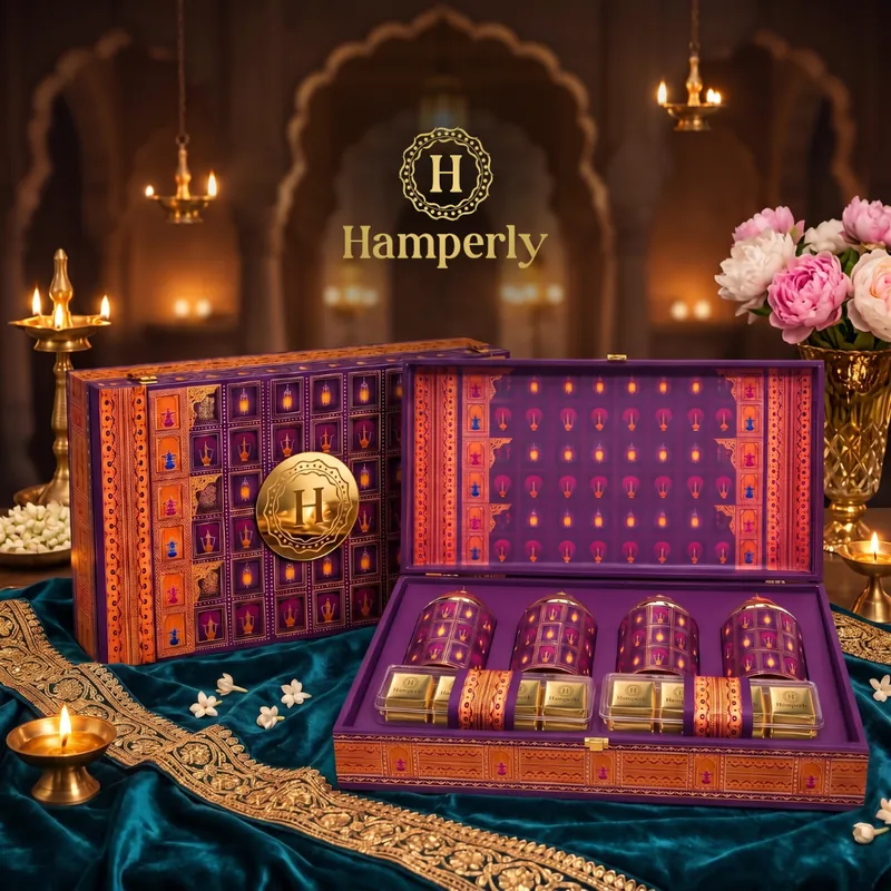 Royal Amethyst Bandhani Hamper, a purple and saffron Diwali gift box with gold-lidded jars