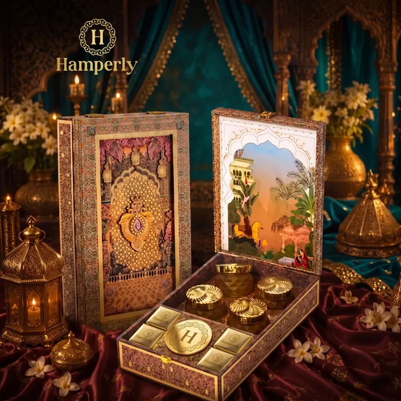 Golden Darbar Heirloom Hamper, a gold filigree book-style Diwali gift box with a painted palace window, gold bowls and sweets