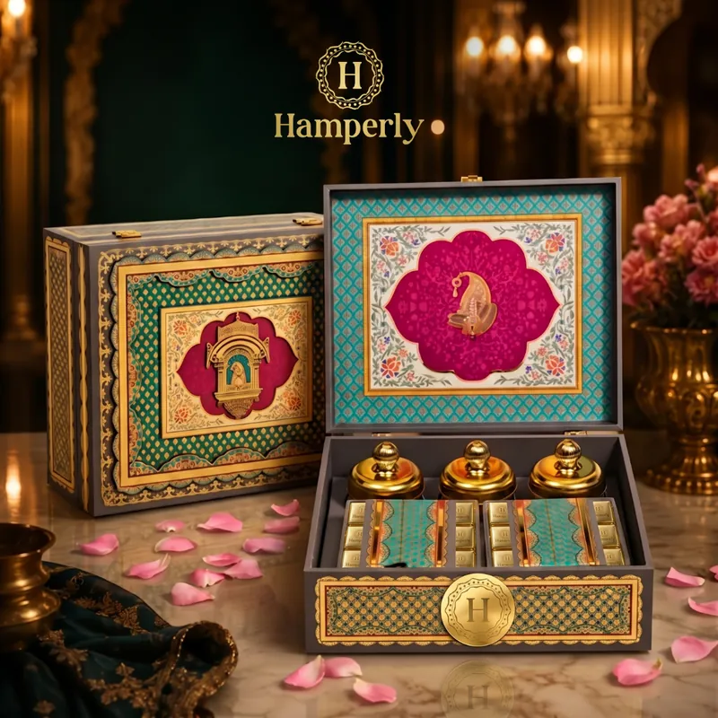 Emerald Rani Mor Hamper, an emerald green Diwali gift box with a pink peacock mandala lid, jars and sweets